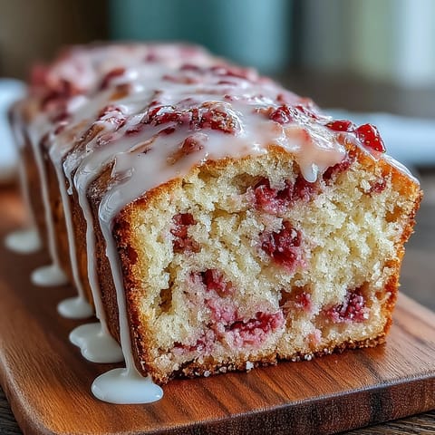 Rich buttery pound cake marbled with homemade strawberry swirl and glossy vanilla glaze, a delightful dessert for any occasion.