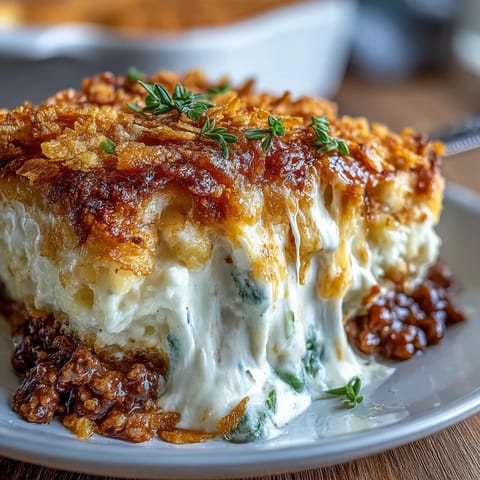 A hearty mash-up dish featuring cheesy mashed potatoes, seasoned ground meat, and vegetables baked under a crispy cornflake topping.