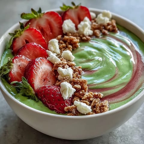 A vibrant strawberry matcha frappuccino-style smoothie bowl topped with fresh berries, granola, and coconut flakes.