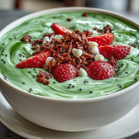 Creamy matcha and strawberry layers swirl together in this energizing smoothie bowl, perfect for a refreshing breakfast or snack.