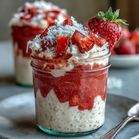 A jar filled with creamy strawberry coconut cream overnight oats, topped with fresh strawberry slices and shredded coconut for a refreshing spring breakfast.