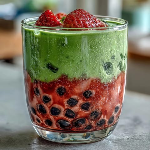 Vibrant Strawberry Matcha Boba-Inspired Drink featuring a layered blend of strawberry purée, matcha milk, and boba pearls over ice.  