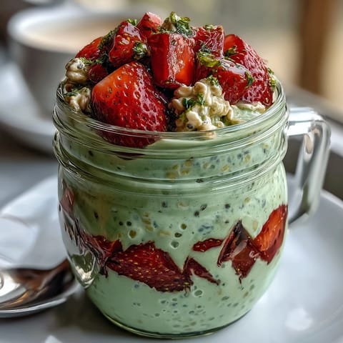 Strawberry Matcha Latte Overnight Oats in mason jars with vibrant green matcha and red strawberry layers, perfect for a healthy breakfast.