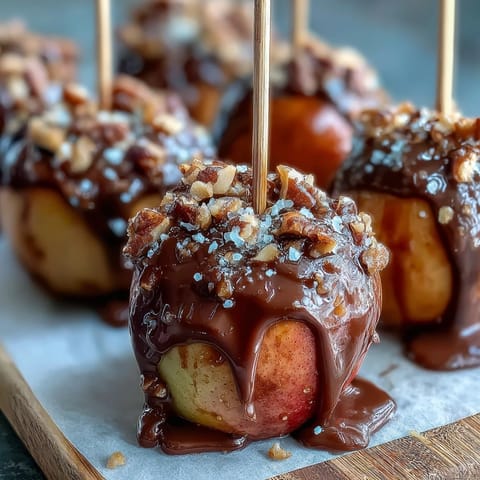 Delicious caramel-dipped apple slices drizzled with rich chocolate and sprinkled with chopped nuts for extra crunch.