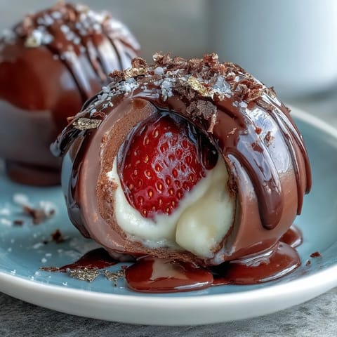 Luxurious Dubai chocolate strawberry bombs filled with silky cream, featuring fresh strawberries and rich dark chocolate for an indulgent dessert.