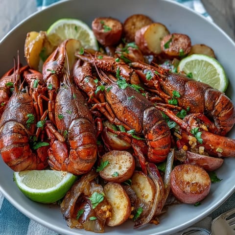 A colorful sheet pan of crawfish, sausage, and vegetables roasted with Cajun spices and fresh lemon slices.