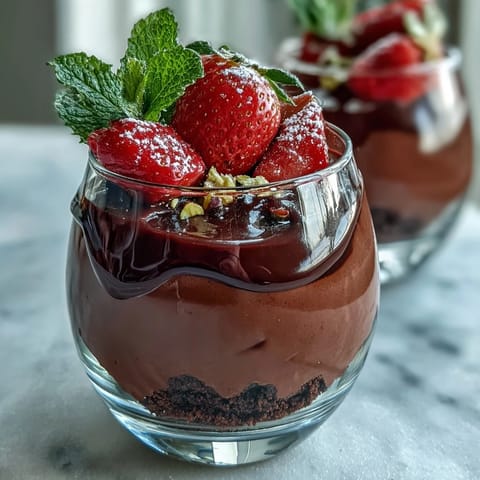 Luxurious Easy Dubai Chocolate Strawberry Dessert Cups with dark chocolate ganache and fresh strawberries, topped with pistachios and edible gold leaf.