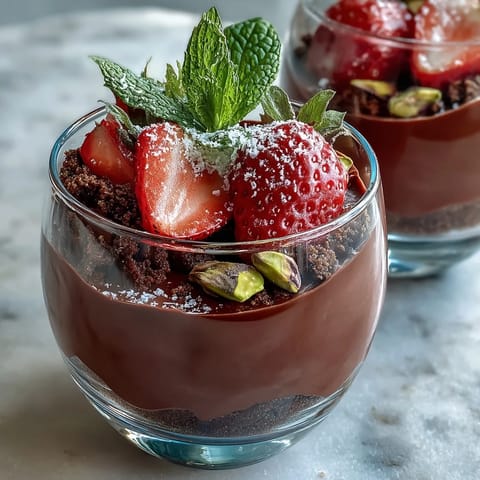 Elegant no-bake dessert cups featuring rich chocolate, buttery biscuit base, and macerated strawberries, garnished for a Dubai-inspired treat.