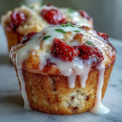 Fluffy strawberry muffins studded with fresh berries, drizzled with tangy lemon glaze for a sweet breakfast treat.