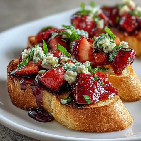 Juicy strawberries and creamy goat cheese atop golden toasted bread, drizzled with tangy balsamic glaze for a vibrant appetizer.