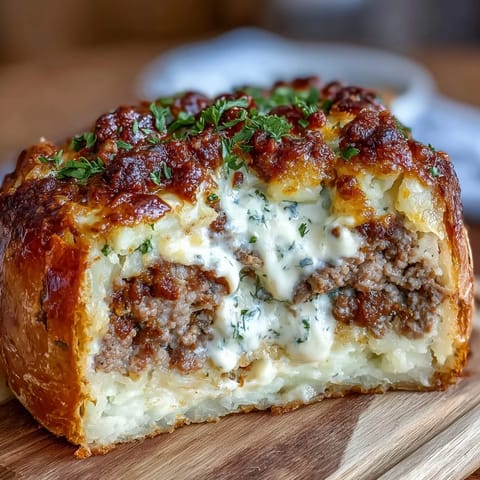 Golden baked potatoes stuffed with savory shepherds pie filling, topped with creamy mashed potatoes and a sprinkle of parsley.