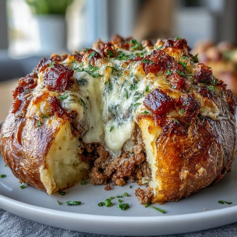 Fluffy baked potatoes overflowing with hearty ground beef and vegetables, crowned with buttery mashed potato topping.