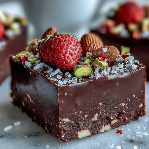 Dubai Chocolate Strawberry Bark with Pistachios and Almonds, a rich dark chocolate base topped with dried strawberries and crunchy roasted nuts.