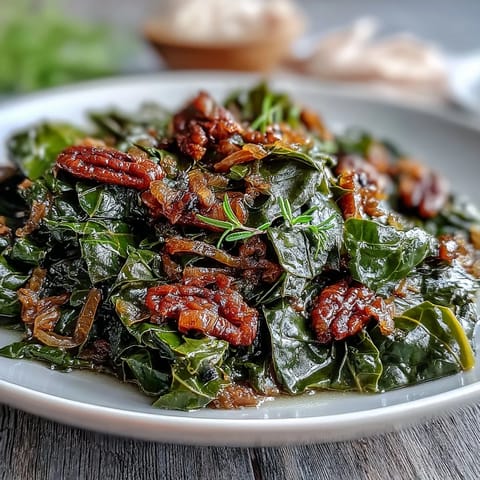 A steaming pot of soul food collard greens with smoked turkey and onions, rich in savory Southern flavor.