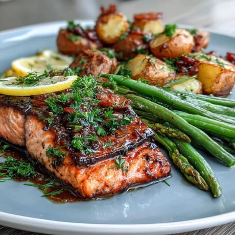 Healthy Easy Sheet Pan Salmon with Green Beans and Potatoes, a vibrant one-pan dinner with flaky salmon, roasted potatoes, and crisp green beans, drizzled with zesty lemon and fresh herbs.
