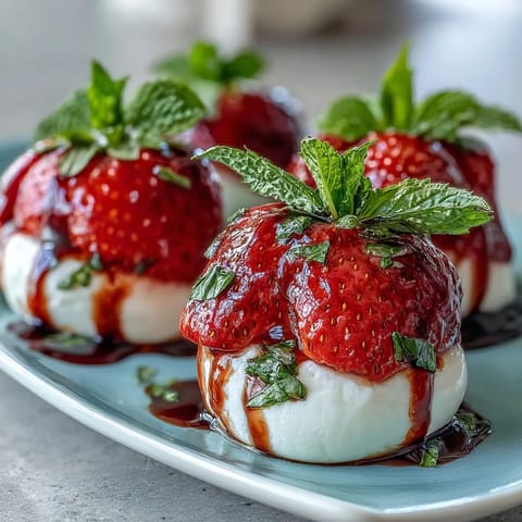 Strawberry Caprese Skewers with Balsamic Drizzle: Juicy strawberries, creamy mozzarella, and fragrant basil drizzled with sweet balsamic reduction on wooden skewers.