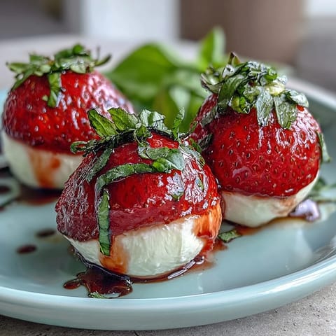 Vibrant Strawberry Caprese Skewers: Fresh mozzarella balls, ripe strawberries, and basil leaves, finished with a tangy balsamic glaze—perfect for summer gatherings.