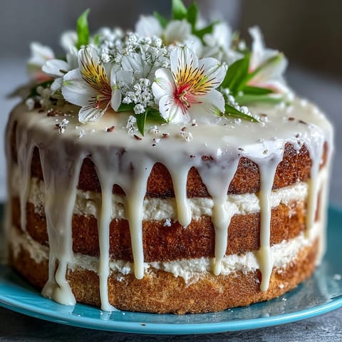 Spring Floral Drip Cake with Lemon Frosting: a vibrant layer cake with white chocolate drip and edible flowers.