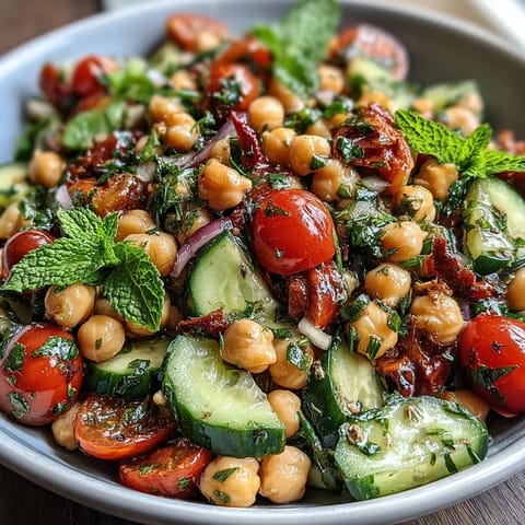 Healthy Easy Cucumber Chickpea Salad with Lemon Vinaigrette in a white bowl, garnished with fresh herbs and lemon wedges on the side.  