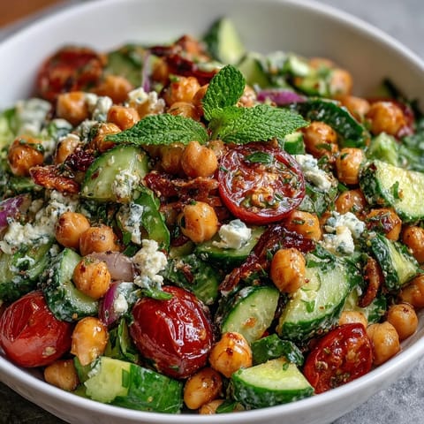 Close-up of Healthy Easy Cucumber Chickpea Salad with Lemon Vinaigrette, showcasing vibrant vegetables and creamy chickpeas tossed in a tangy dressing.  