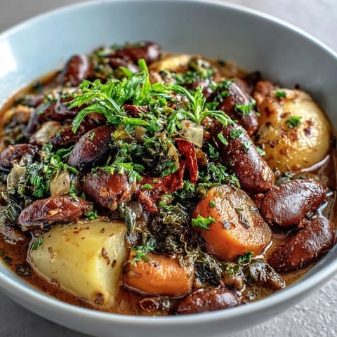 A steaming bowl of Soul Food Black-Eyed Pea and Collard Green Stew, rich with smoky spices and tender greens, perfect for cozy dinners.