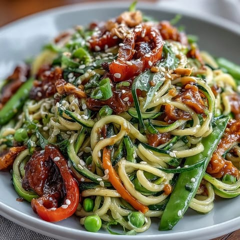 Healthy Easy Zucchini Noodle Stir-Fry with Peanut Sauce in a colorful bowl, garnished with chopped peanuts and fresh cilantro.