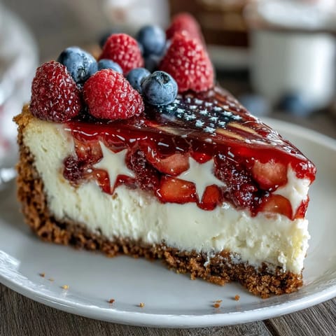 Festive Fourth of July No-Bake Cheesecake Flag Cake with fresh berries in red, white, and blue stripes, perfect for summer celebrations.
