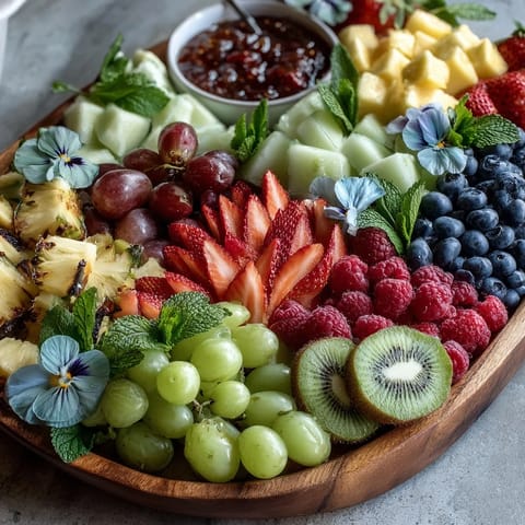 A vibrant graduation party fruit table with edible flowers, featuring fresh grapes, berries, and melon in a colorful display.