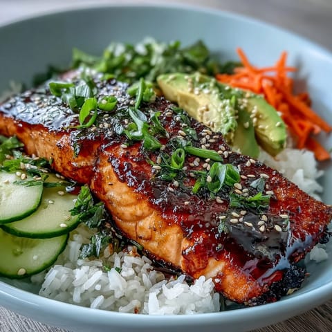 Vibrant 15-minute teriyaki salmon bowl with glazed salmon, fresh vegetables, and fluffy jasmine rice.  