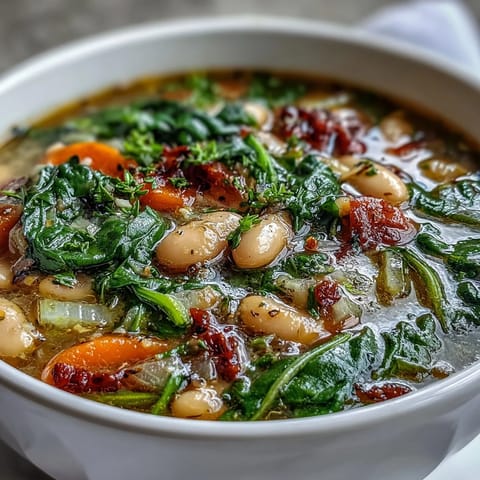 A steaming bowl of Tuscan White Bean and Spinach Soup, rich with creamy beans and fresh greens in a savory broth.
