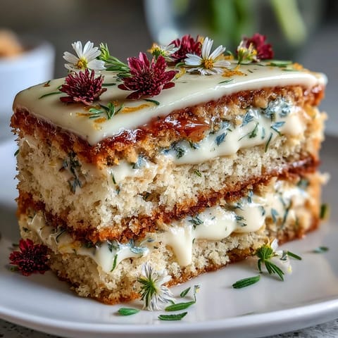 Elegant Spring Cake with Pressed Edible Flowers and Lemon Curd, layered with tangy citrus filling and delicate floral accents.