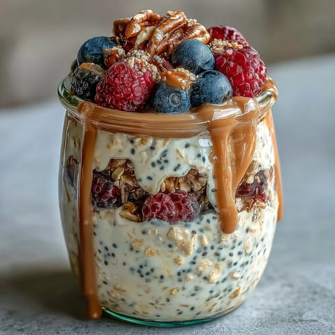 Creamy, high fiber overnight oats with chia, flax, and ruby red berries.