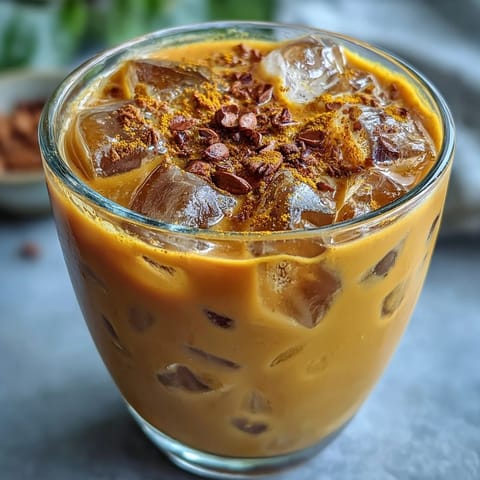 Creamy Turmeric Golden Milk Iced Latte ready to be enjoyed on a warm day.