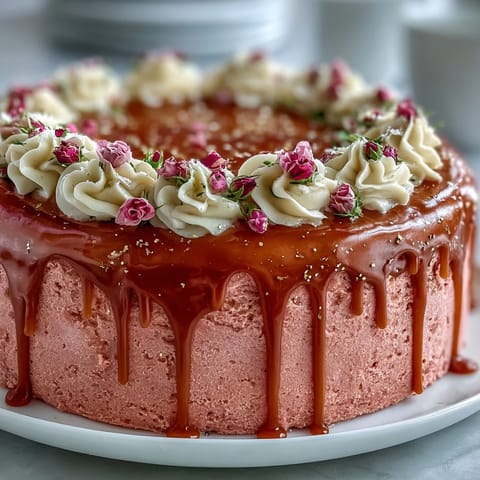 Pale pink Bridal Shower Rosé Velvet Cake frosted beautifully with shimmering gold drip.