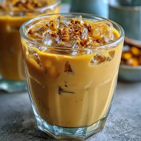 Vibrant Turmeric Golden Milk Iced Latte served over ice, a refreshing spiced beverage.