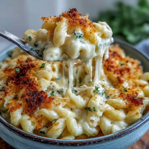 Close-up of Tini's Viral Mac and Cheese, wonderfully cheesy with a toasted breadcrumb topping.