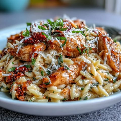 Tender chicken and creamy orzo shine in this vibrant sun-dried tomato chicken orzo meal.