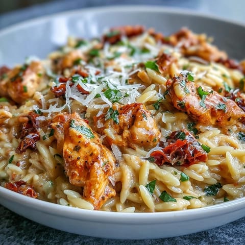 A delicious one-pan sun-dried tomato chicken orzo bursting with Mediterranean flavors.