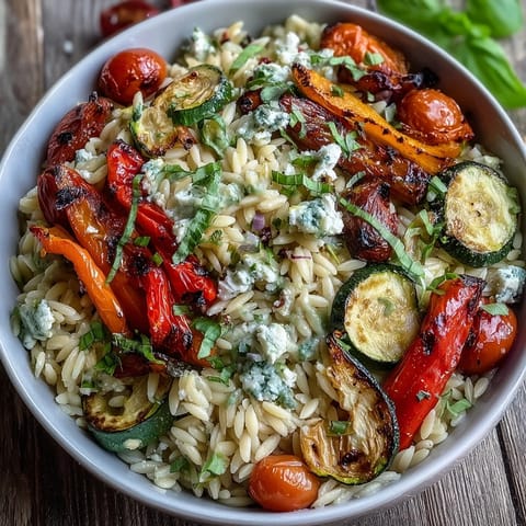 Orzo with Roasted Vegetables and Feta: colorful roasted Mediterranean vegetables tossed with pasta.