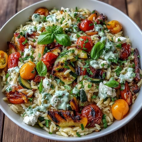 Golden orzo pasta brimming with vibrant, tender roasted vegetables and crumbled feta.