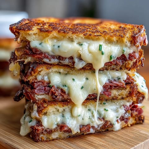 Savor this delicious Reuben grilled cheese, perfectly grilled with tangy sauerkraut and rich dressing.