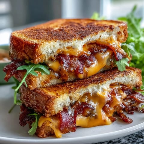 Savory BLT Grilled Cheese sandwich showcasing gooey cheddar, bacon, and fresh veggies.