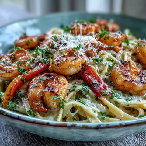 A close-up of creamy Cajun shrimp pasta, glistening with rich sauce and fresh parsley.