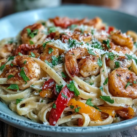 Succulent shrimp and tender pasta coats this flavorful Cajun dish, ready to serve.