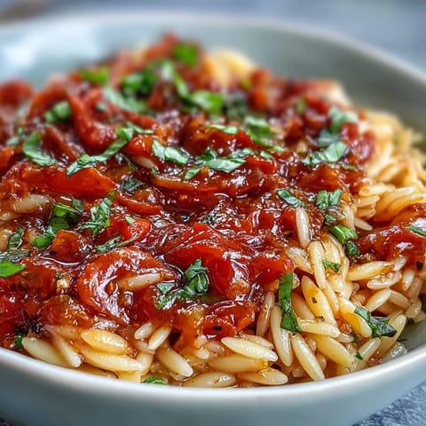 Chewy orzo tossed in vibrant, chili-spiked arrabbiata sauce, ready in 30 minutes.