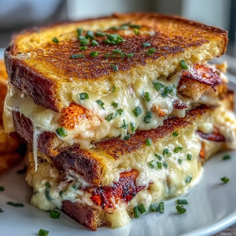 Gooey Lobster Grilled Cheese with golden sourdough, bursting with rich seafood flavor.