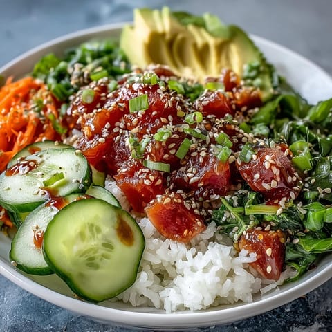 Vibrant canned tuna poke bowl with fresh avocado, crisp vegetables, and zesty dressing.