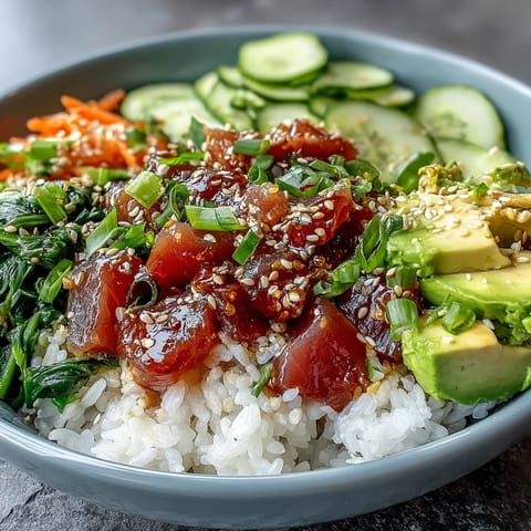 Colorful canned tuna poke bowl topped with creamy avocado and crunchy edamame.