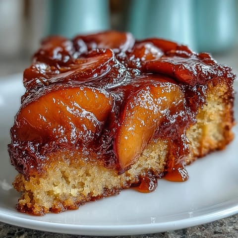 Warm Brown Sugar Peach Upside-Down Cake with caramelized peaches and moist cake.