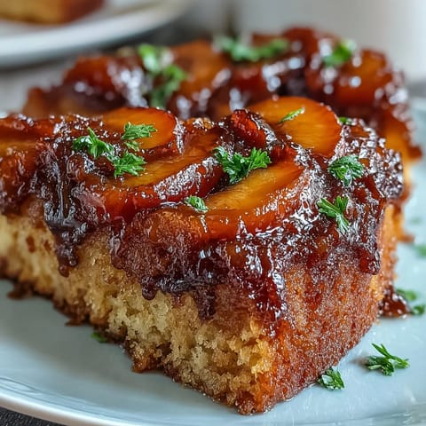 A golden Brown Sugar Peach Upside-Down Cake, perfect served warm with ice cream.